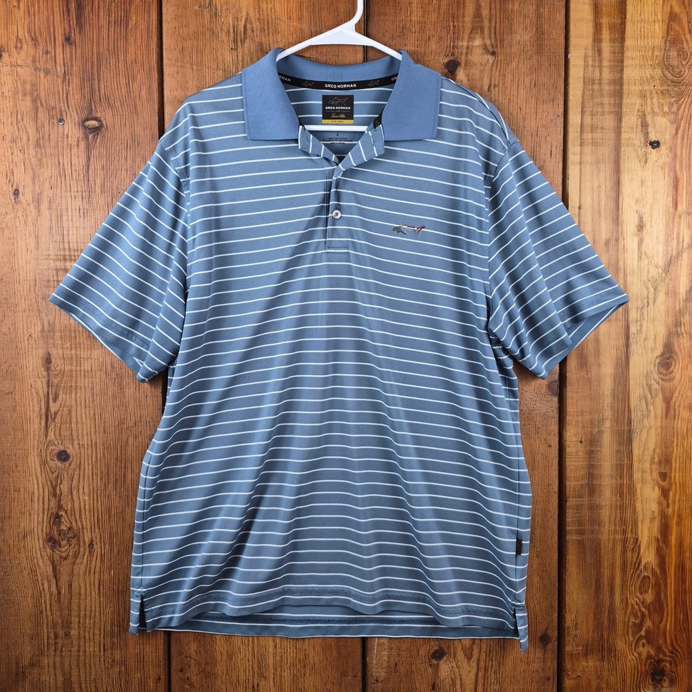 Greg Norman Tasso Elba Five Iron Mens Large Blue Striped PlayDry Golf Polo Shirt